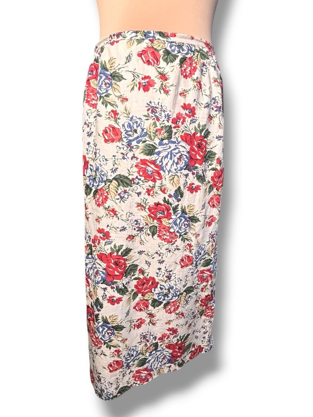 Vintage Red Floral Linen Blend Midi Skirt Cottagecore Romantic Ethereal Plus 18